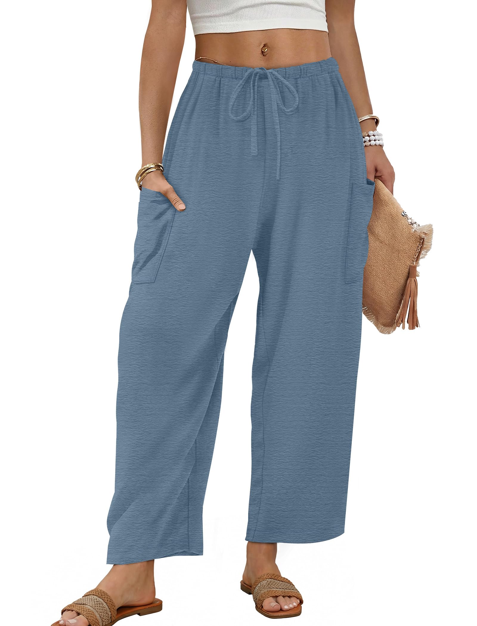 Sampeel Wide Leg Pants for Women Barrel Flowy Palazzo Elastic Waist Trousers with Pockets Summer Beach Vacation Outfits — view 15