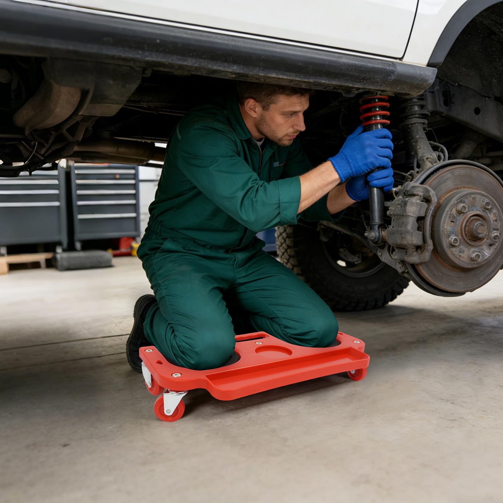 Ginocchiera arrotolabile, con imbottitura in schiuma, telaio in ABS antiurto, 5 ruote girevoli, portata 100 kg, rosso e nero, per l'industria edilizia e l'officina automobilistica