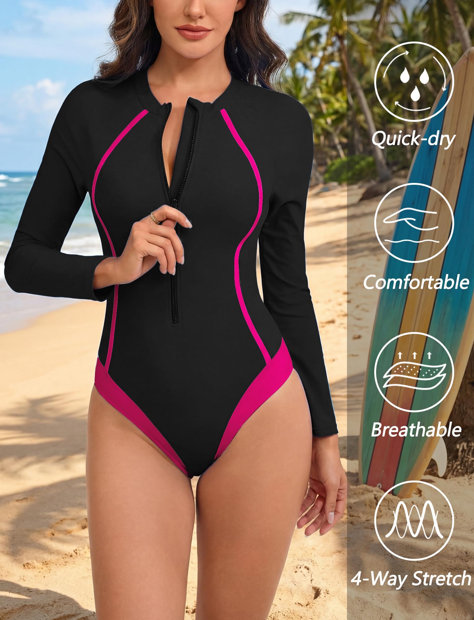 Femme Maillot de Bain Une Pièce Manches Longues Rashguard avec Fermeture Éclair Combinaison de Surf plongée Piscine Plage