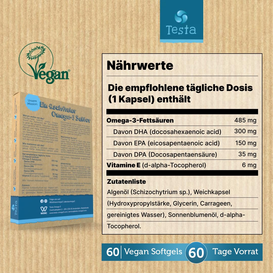 Omega 3 Vegan Algenöl – Hochdosiert 300mg DHA + 150mg EPA pro Kapsel - Nur 1 Kapsel pro Tag - Pflanzliches Omega 3 aus Algenöl - 60 Kapseln