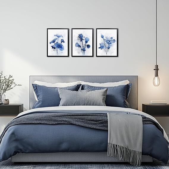 Derkymo Blue Lotus Watercolor Wall Art: Framed 3-Piece Set with Black Frames for Home & Office Decor Ready to Hang 12x16x3pcs