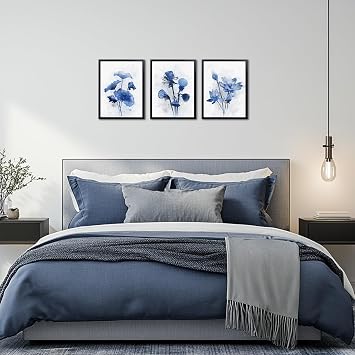 Derkymo Blue Lotus Watercolor Wall Art: Framed 3-Piece Set with Black Frames for Home & Office Decor Ready to Hang 12x16x3pcs