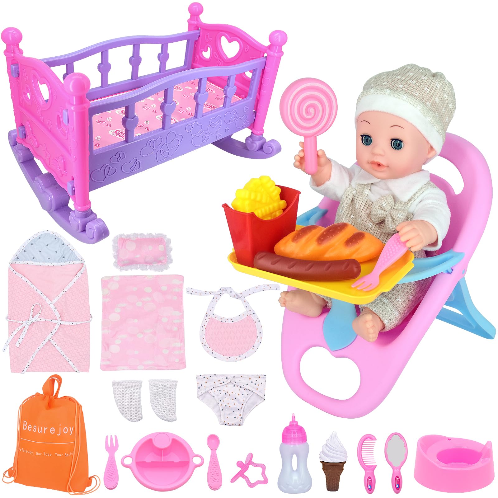 Besurejoy 12'' Reborn Baby Doll Care Playset with High Chair, Crib Bed, Swaddle,Blanket, Pacifier, Bib,Diaper,Feeding Accessories and Backpack. 26 PCS Kids Pretend Play Toy Gifts Set for Girls Ages 3+