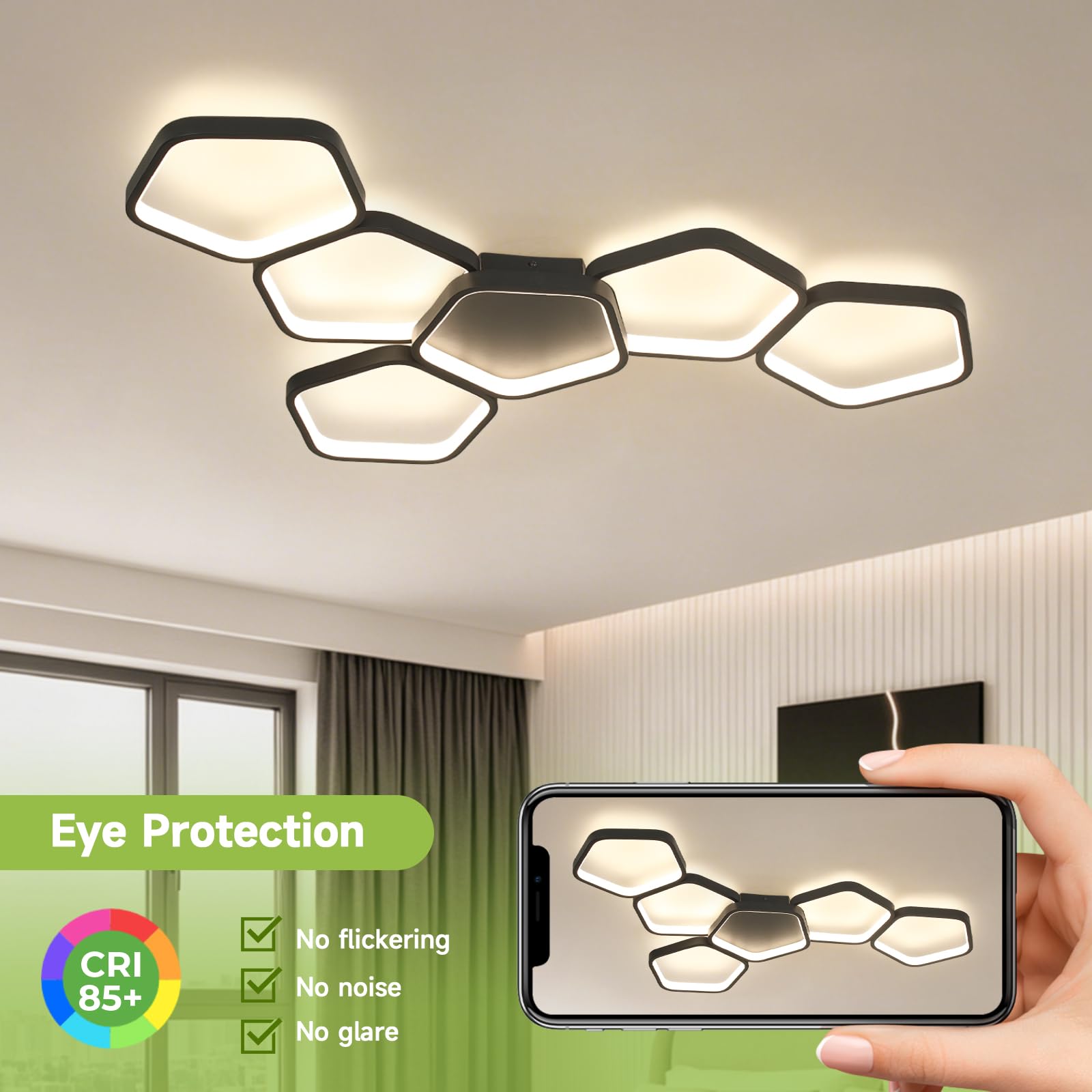 OTREN LED Deckenleuchte Dimmbar mit Fernbedienung, 88 cm 58W, 3000K–6500K, Nachtlicht & Memory-Funktion, Schwarz Deckenlampe für Wohnzimmer, Schlafzimmer, Küche