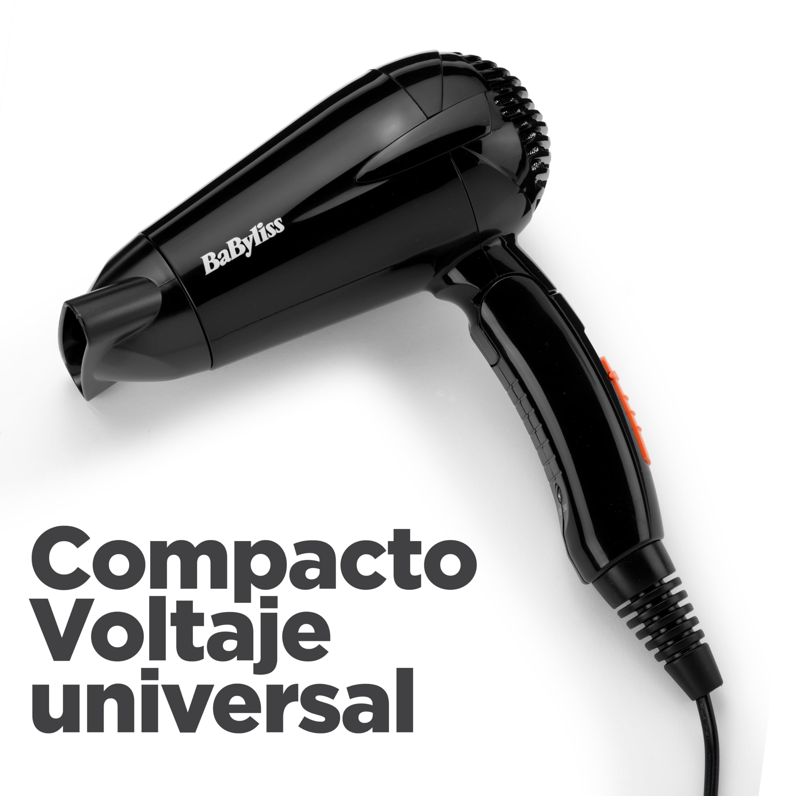 BaByliss Secador de Pelo de Viaje Plegable - 2000 W, Secador ligero y potente, Multivoltaje, Compacto, Uso mundial, 2 Ajustes de calor/velocidad, Negro/naranja, 5334E