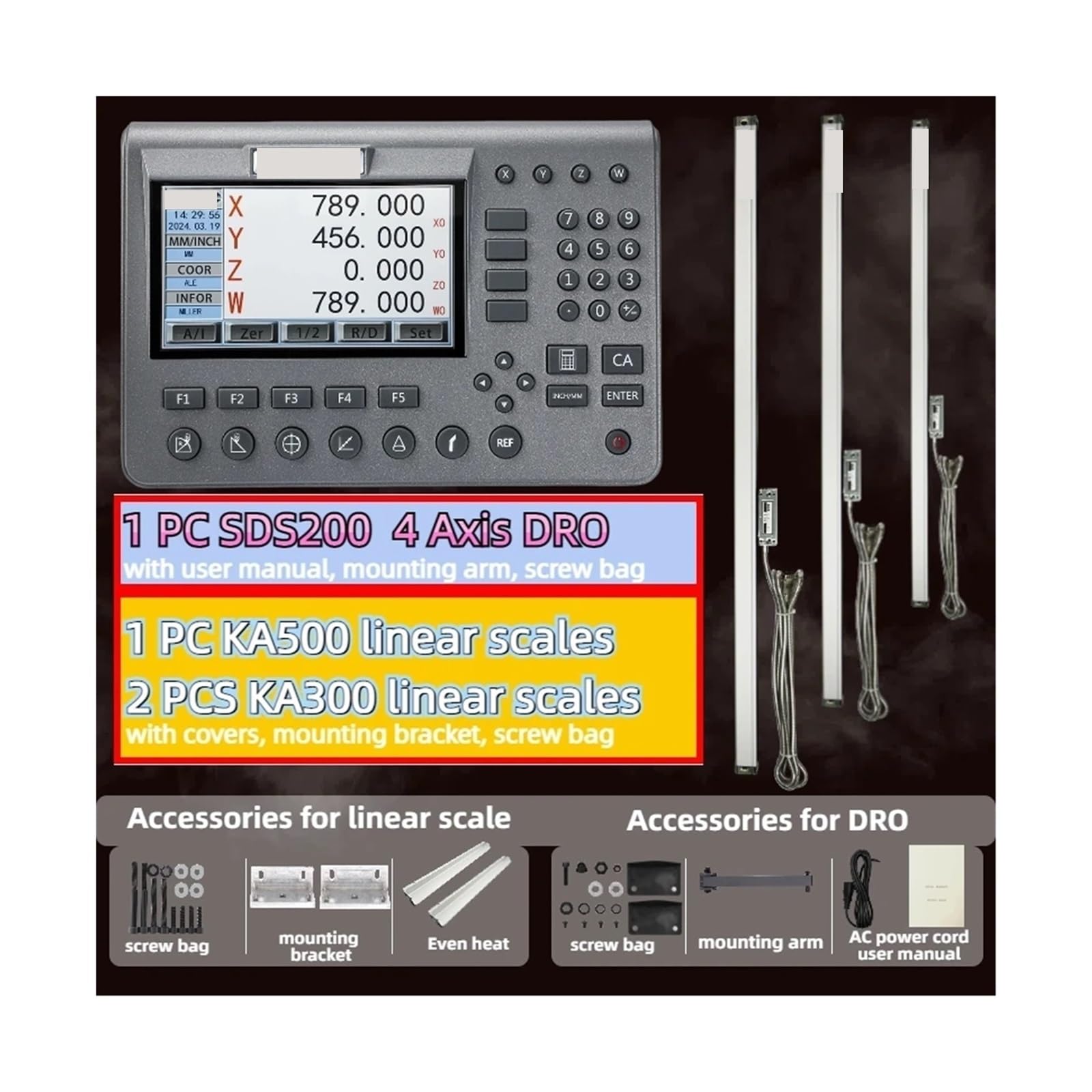 Liniał liniowy, Zestaw 4-osiowych, precyzyjnych cyfrowych odczytów LCD DRO i 3-częściowy czujnik enkodera liniowego 0-1000 mm 5 um do toczenia frezowania do frezarki tokarki(1um DRO SET 2)