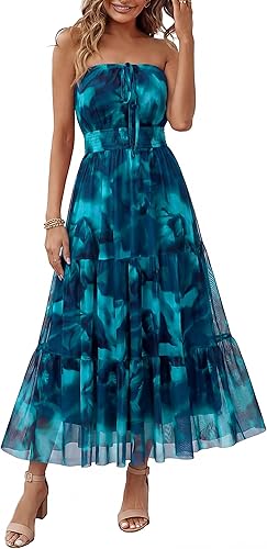 Women's Summer Maxi Dresses 2026 Elegant Strapless Boho Floral Mesh Vacation Beach Dress Wedding Guest Dresses
