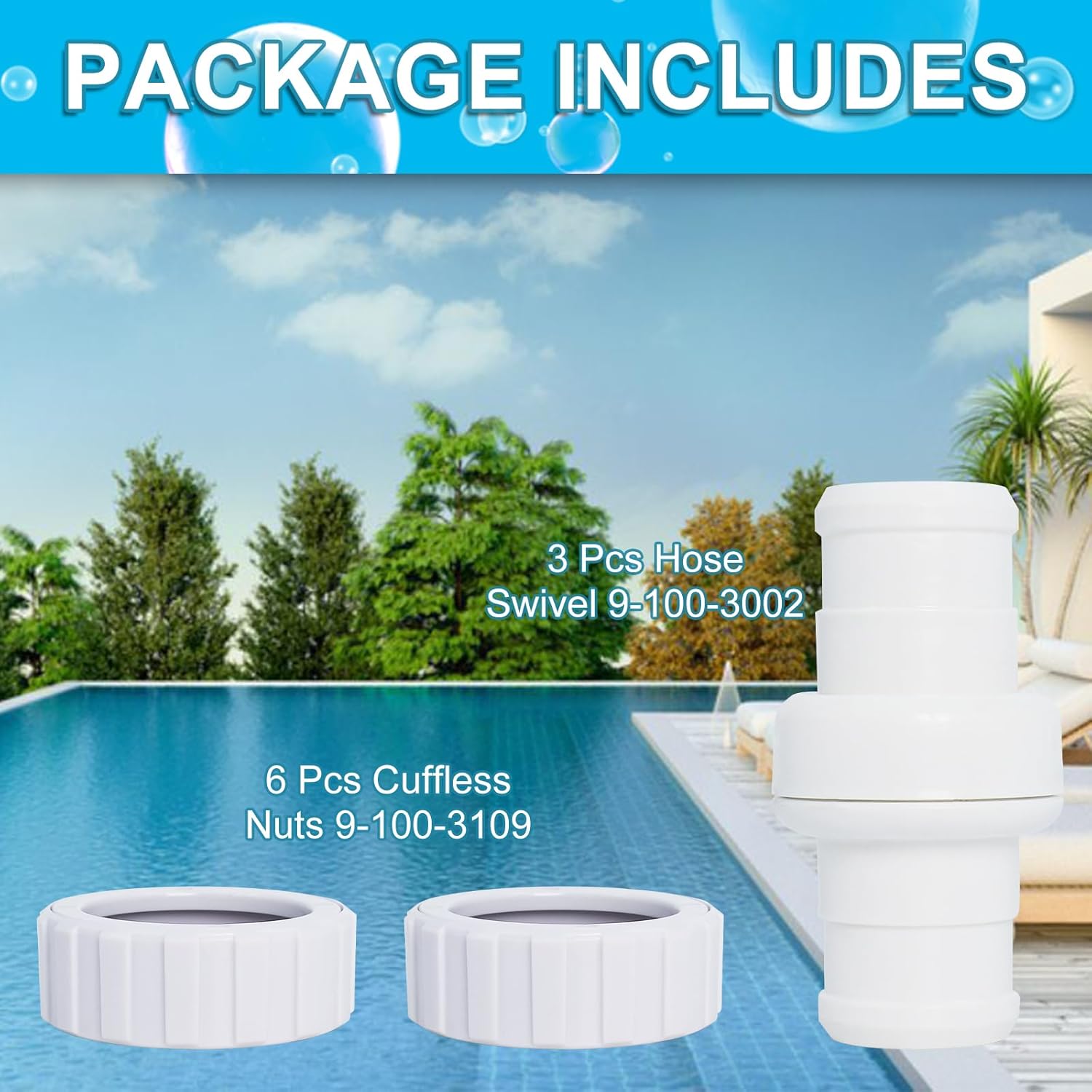 9-100-3002 Replacement Hose Swivel Compatible with Polaris 360 Pool Cleaner with 9-100-3109 Replacement Hose Nut (9-Piece Set, White Plastic)