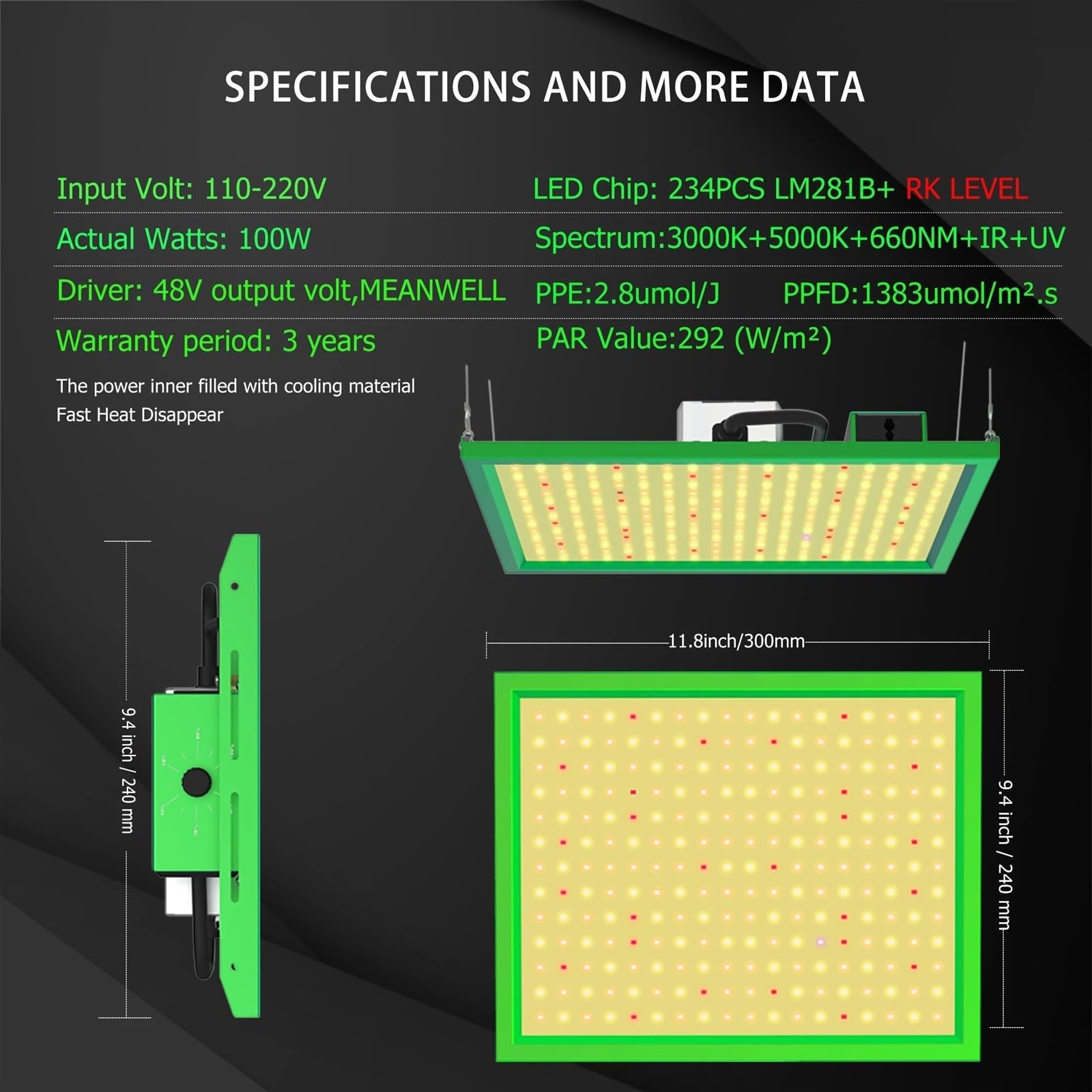 Lámpara de Cultivo, Luces LED de Cultivo de Espectro Completo de 100 W for Carpas de Cultivo de Interior, Plantas, Verduras y Flores