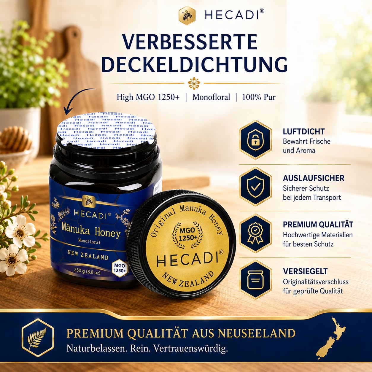 Manuka Honig MGO 1250+ Hecadi® I 100% Pur Original Honig aus Neuseeland I mit zertifiziertem I 250 g