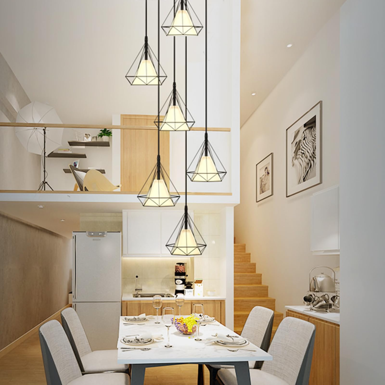 SXECAEPS 6-Head Creative Diamond Staircase Chandelier Nordic Modern Minimalist Loft Duplex Pendant Light Stairway Hanging Lamp Stairwell Decorative Lighting Fixture E27,Black