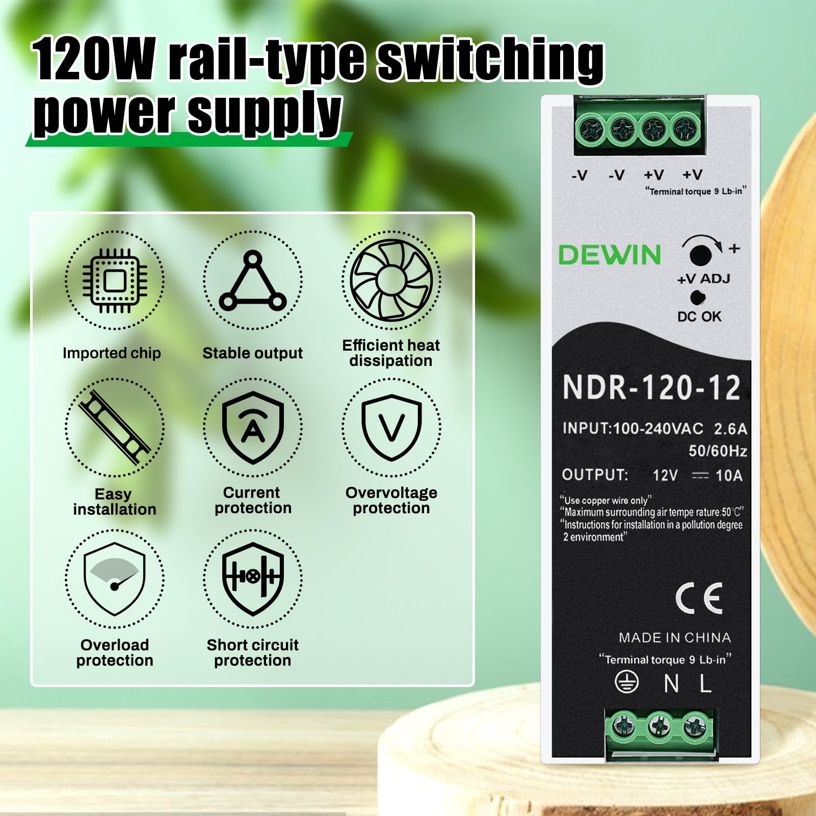 DEWIN Fuente de alimentación de carril DIN, 120W DC 12V 10A DIN rail fuente de alimentación de carril DIN