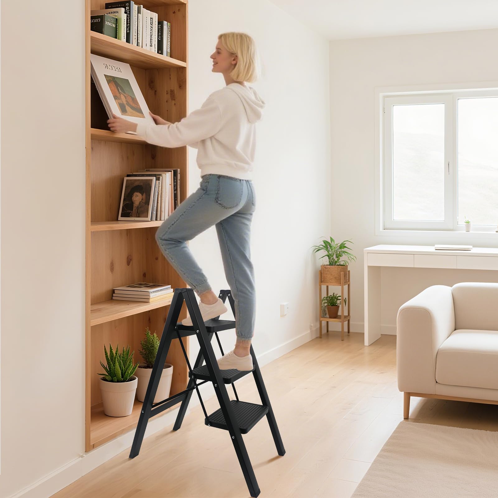 Escabeau 3 Marches Pliable Noir | Antidérapant, Max 150kg, Robuste, Intérieur Extérieur