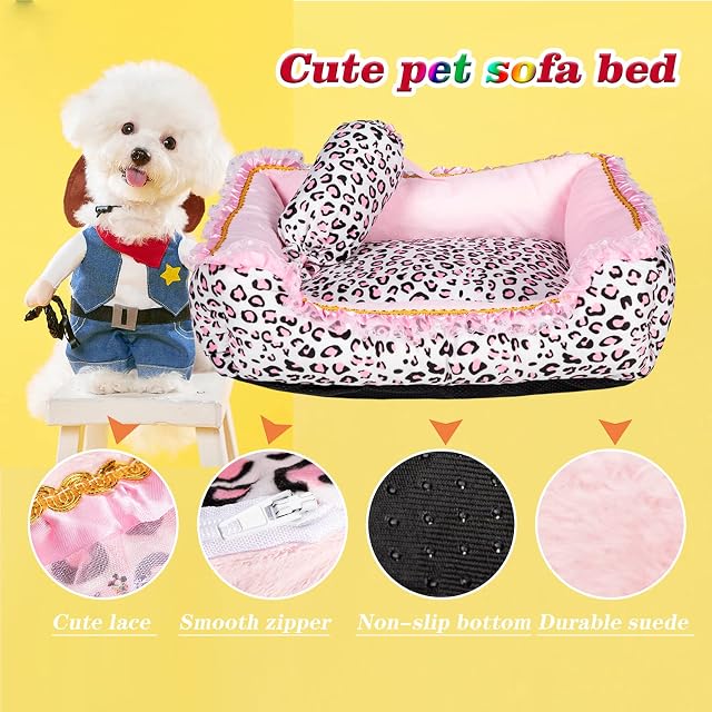 Foto 3 de 5 de Gigreinc Cama para perros pequeños, bonito sofá de leopardo rosa para gatos, lavable