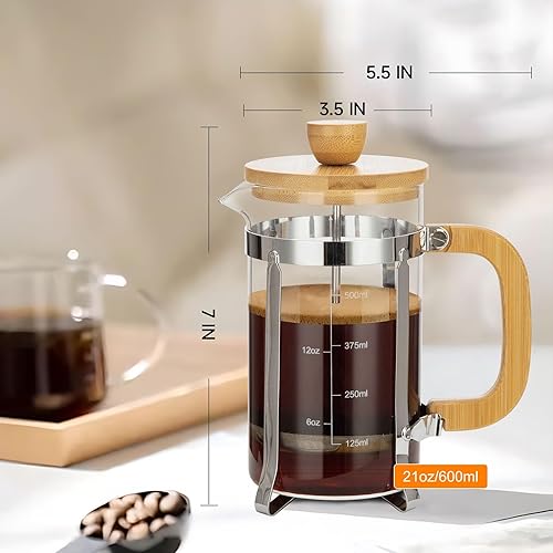 Miniatura 4 de 21 Ounces French Press Coffee Maker, Durable Bamboo Lid Handle Coffee Press, 4 Filters System, Heat Resistant Thickness Borosilicate Glass Beaker,