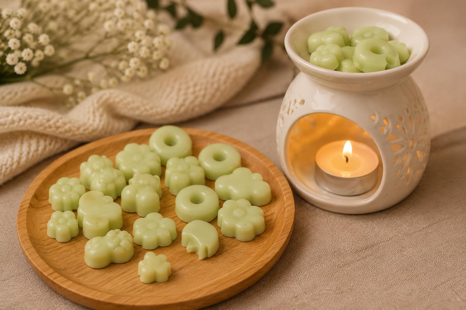 Genérico Wax Melts, Ceras aromaticas artesanales, 5 Aromas (Coco, limón, Vainilla, Fresa, Manzana Verde) | Cera de Soja perfumada | Hechos a Mano | Incluye Quemador | KrisAromas