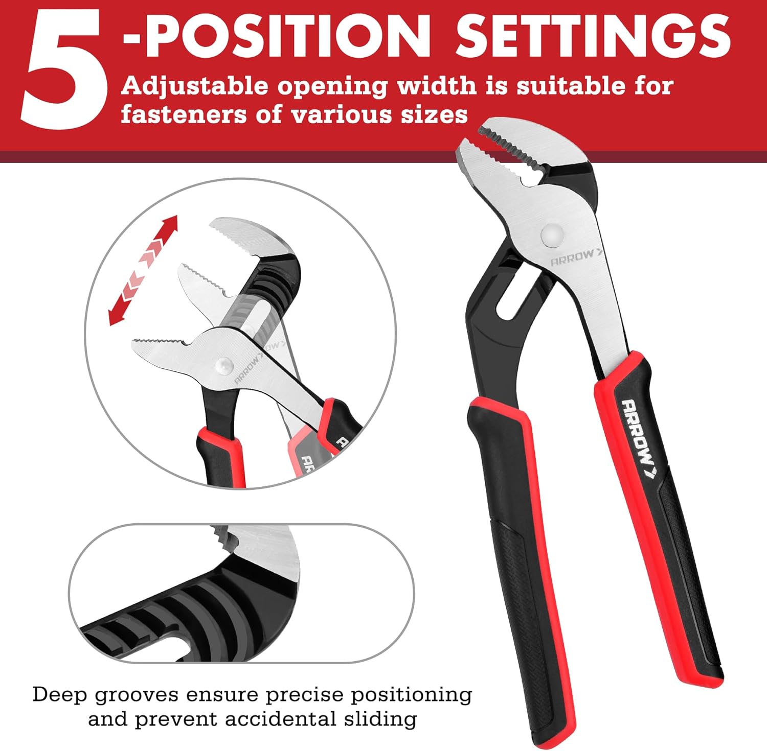 ARROW 8-Inch Groove Joint Pliers, Adjustable Water Pump Pliers with TPR Handle, High Carbon Steel Tongue and Groove Plier for Plumbing, Automotive and Household Repairs