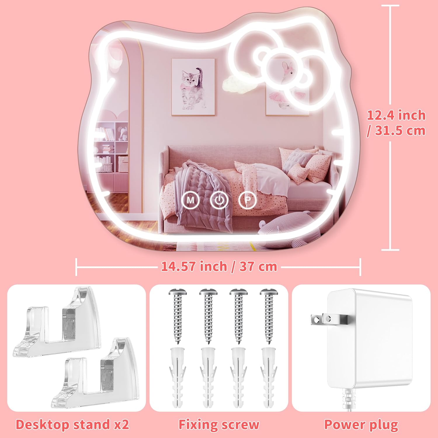 YiaMia Hello Kit Vanity Mirror with Light, 3 Light Colors + Dimming, Hello Kit LED Mirror, for Girls, Suitable for Desktops, Walls, Bedrooms, and Room Decor - Image 6