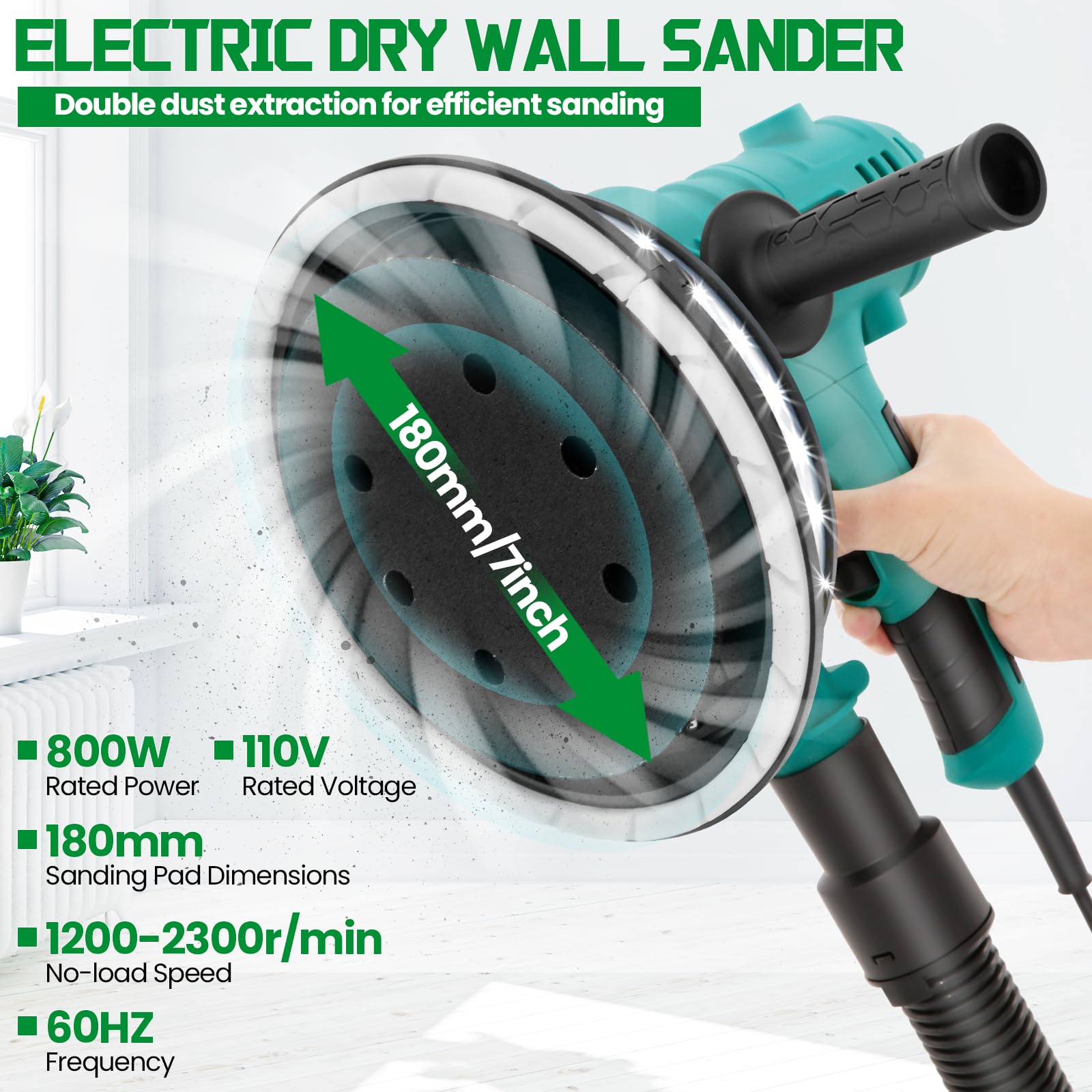 Trockenbauschleifer 800W – 6 Geschwindigkeiten, 180 mm Schleifteller mit Bürstenkranz, Staubabsaugung, 12 Schleifblätter, für Wände & Decken (blau)