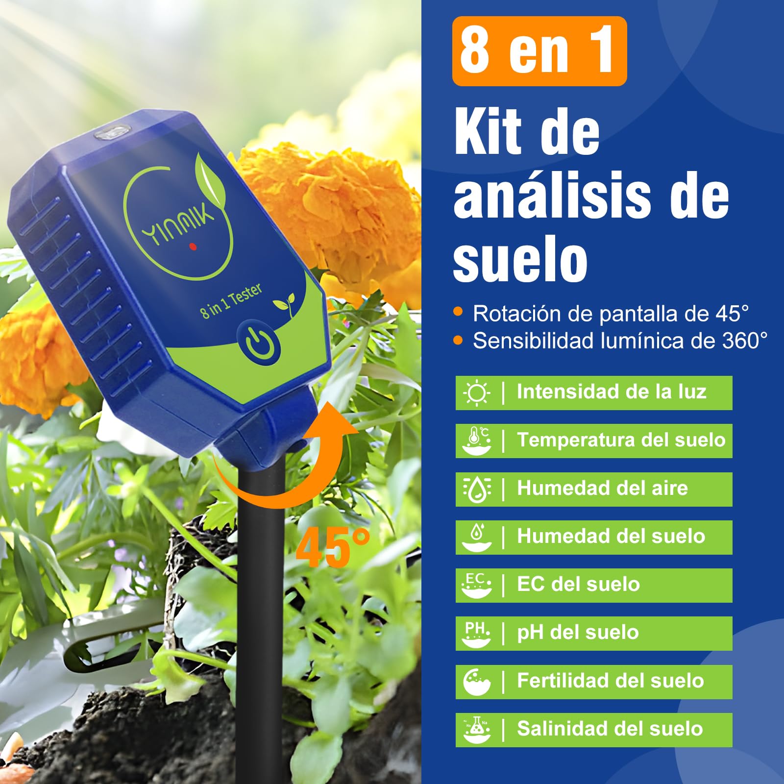 YINMIK Medidor de Suelo 8 en 1 pH Humedad conductividad(EC) para Plantas | Medidor inteligente de pH, humedad, EC, fertilidad, sal, luz, humedad del aire y temperatura para exteriores y jardines