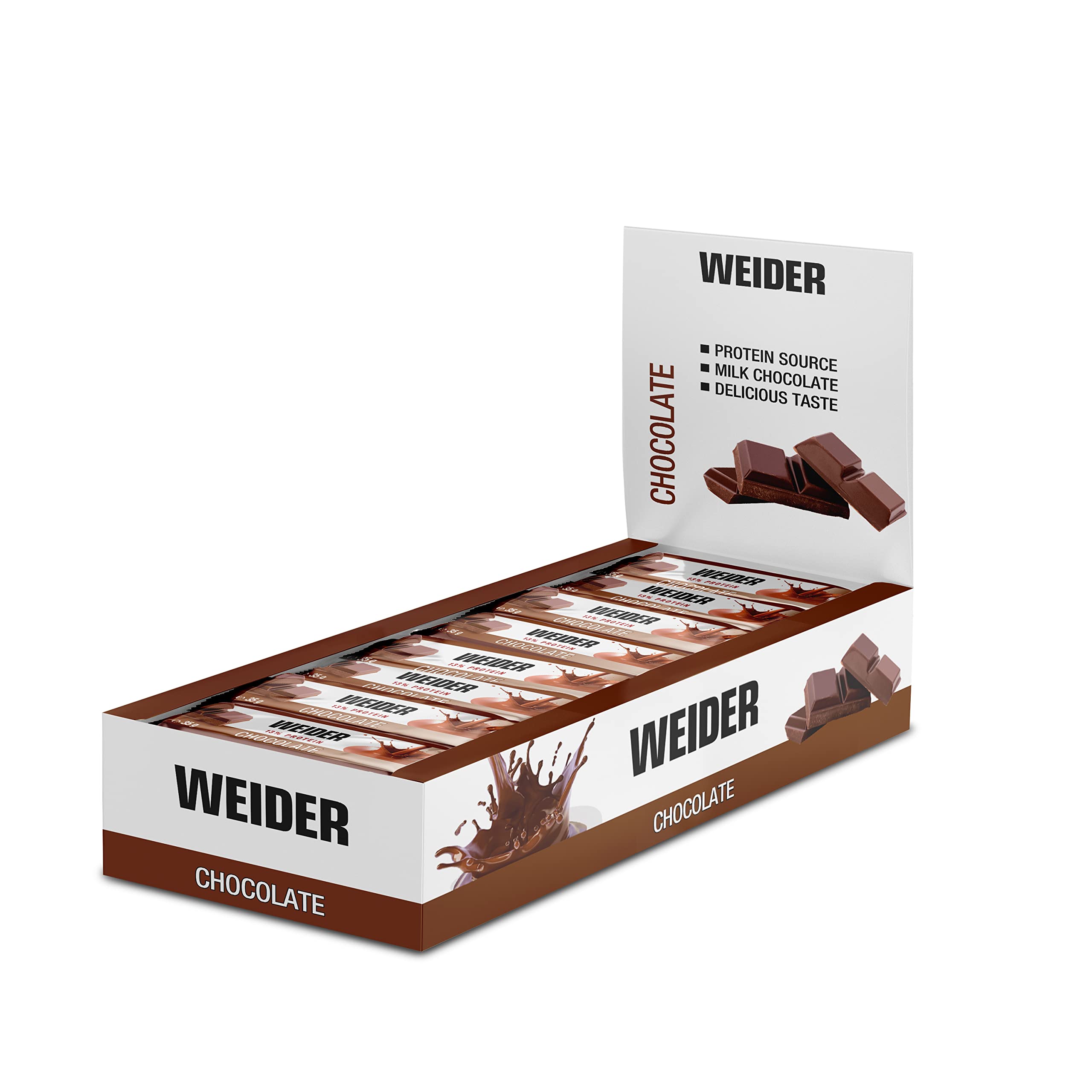 WEIDER Fitness Proteinriegel, leckere Eiweißriegel mit Schokolade, kleiner Protein Snack für Zwischendurch, praktischer Energieriegel für unterwegs, Box mit 24 x 35 g