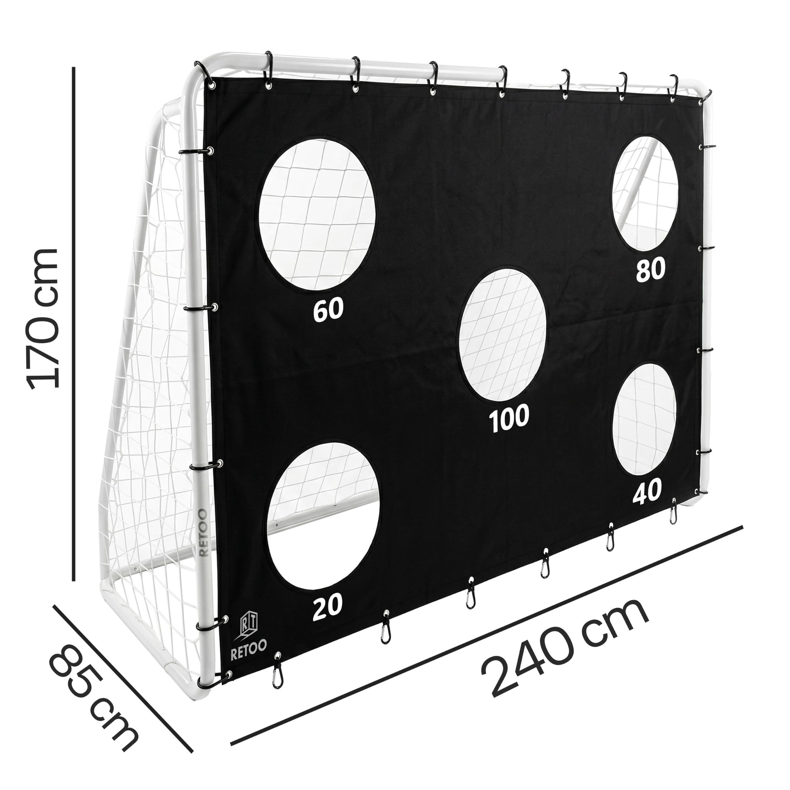 Retoo Fußballtor mit Zielwand, 240x170x85 cm Stahlrahmen, klappbar, PE-Netz | 20/60/80/100 Punkte, Metallheringe, nummerierte Rohre, Spannseile, Kunststoffclips