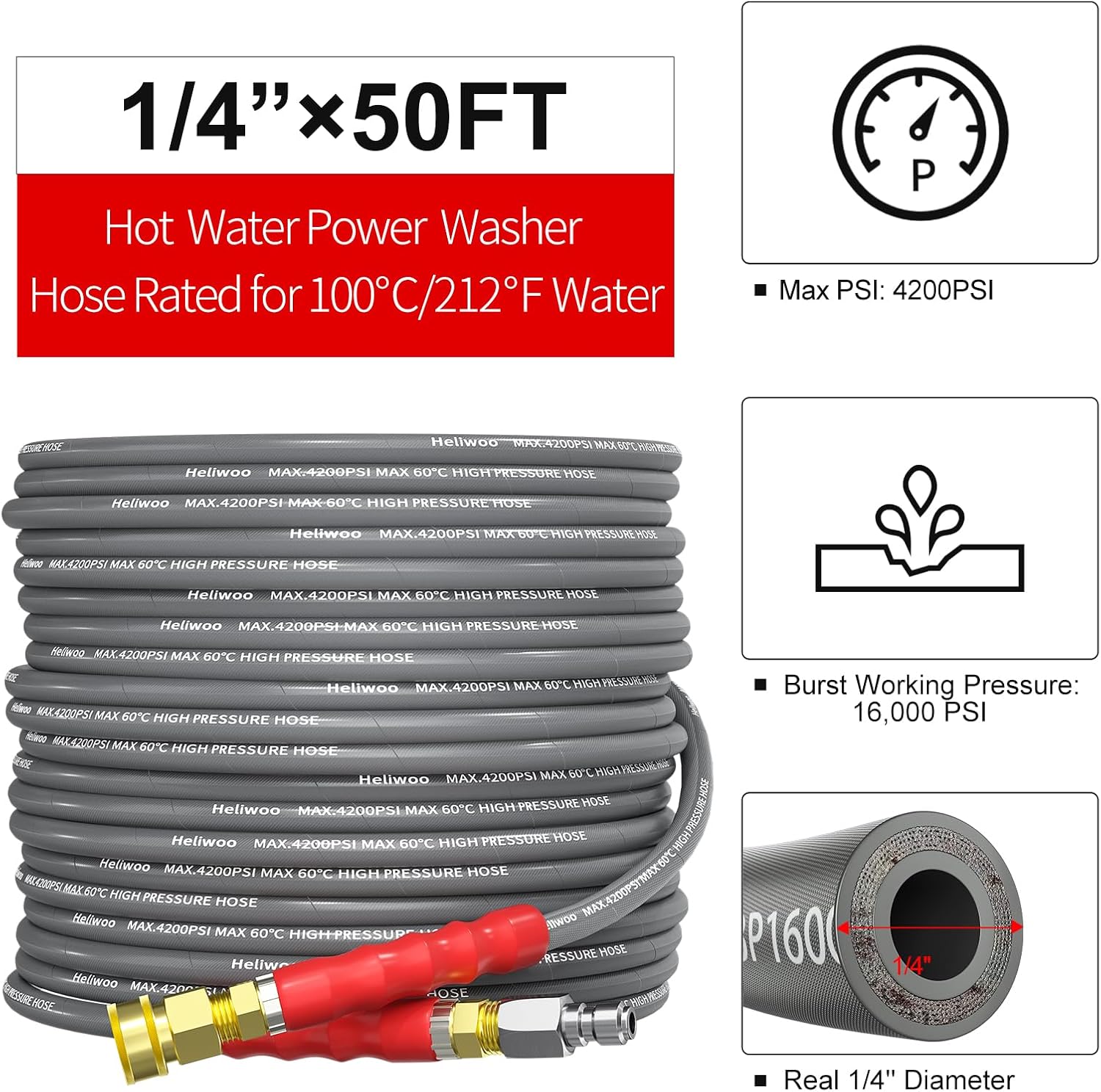 Pressure Washer Hose 50ft, 4200PSI Wire Braid Power Washer Extension Hose 1/4 Inch High Tensile, Flexible Kink Resistant Heavy Duty Replacement Hose with 3/8 Quick Connect