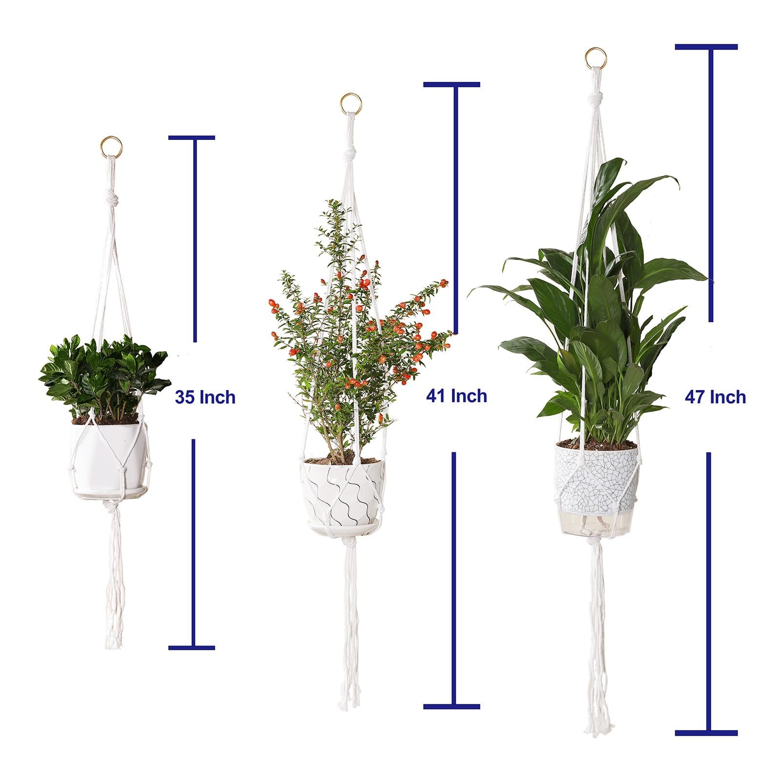 vriysei 3 Pack Macrame Plant Hanger Indoor, 35 41 47 Inch Handmade Boho Hanging Planter Basket with Screw Hooks S-Hooks and Extension Rope for Indoor Plants Home Decor (POTS NOT Included) (White)