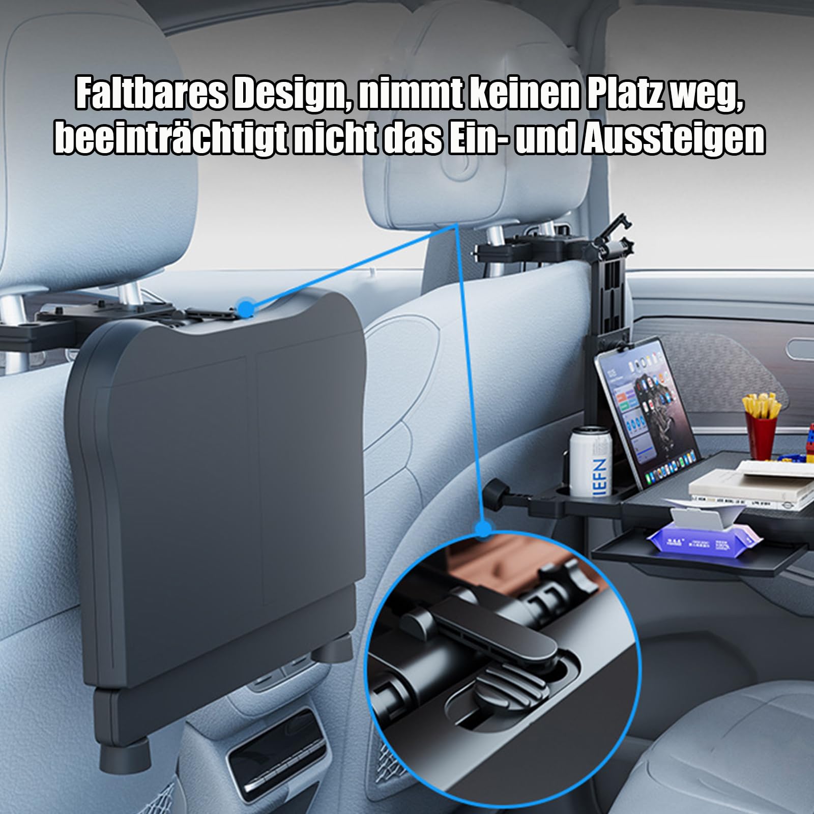 Auto Tisch für Rücksitzpassagiere, Schreibtisch mit Getränkehalter und Handyhalter, Faltbarer, Teleskopischer Auto Rücksitztisch, Tragkraft 15-20KG, mit rutschfester Matte