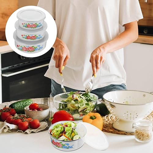 Miniatura 2 de Kichvoe Juego de 3 cuencos de mezcla esmaltados vintage con tapa, estilo chino, cuenca de sopa para ensalada, fruta, contenedor de almacenamiento de