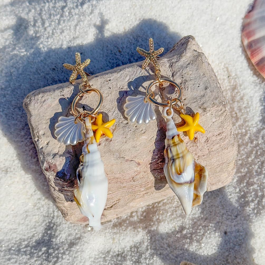 Boho Big Conch Starfish Seashell Dangle Earrings for Women, Dainty 14K Gold Sea Shell Circle Drop Stud Earring Holiday Beach Beachy Jewelry Accessories - Image 3