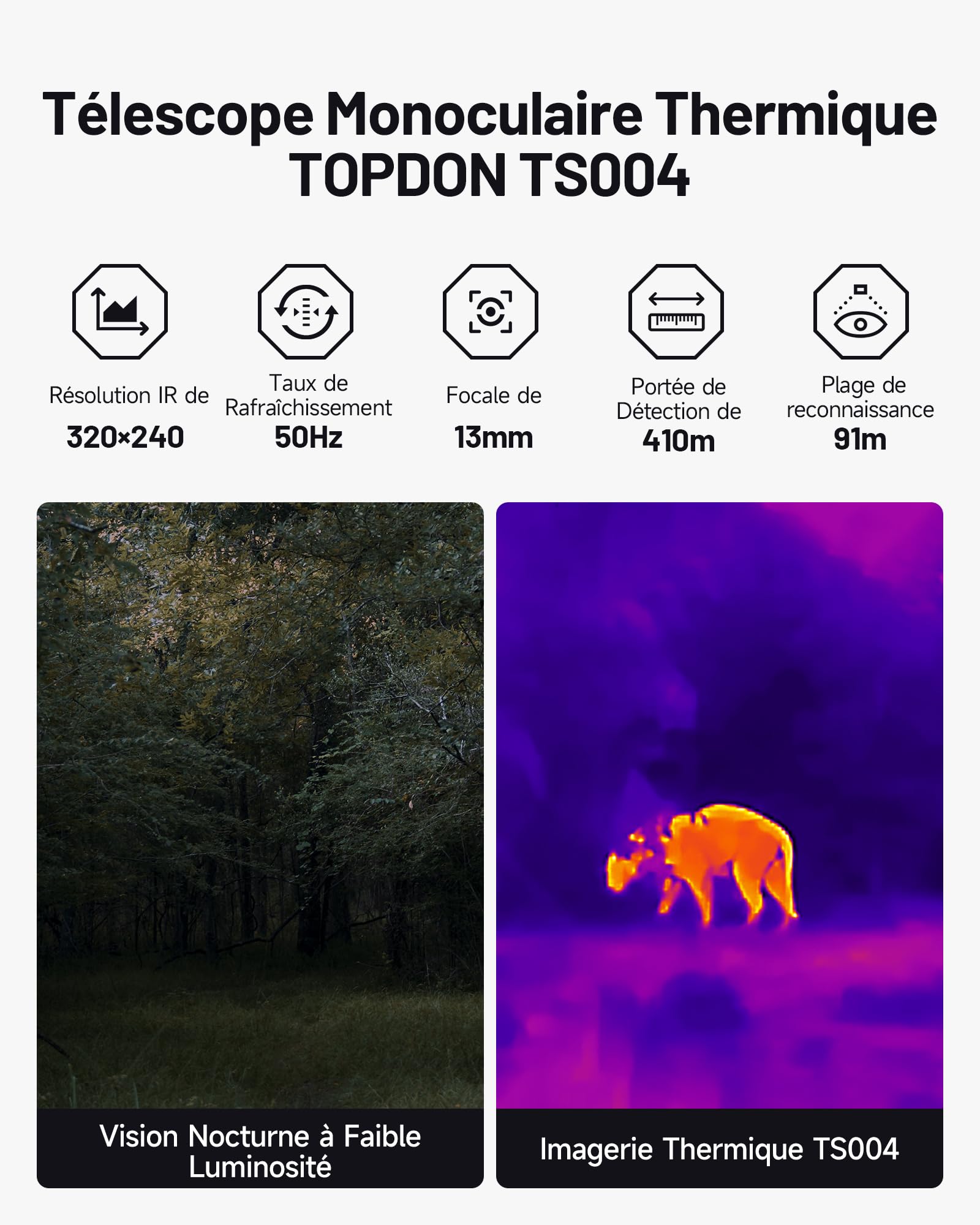 TOPDON Monoculaire Thermique TS004, 320x240 IR-Résolution, Objectif 13mm, 50 Hz, 32 Go de RAM, Autonomie de la Batterie de 15H, pour l'exploration en extérieur, l'observation de la Faune, la Chasse