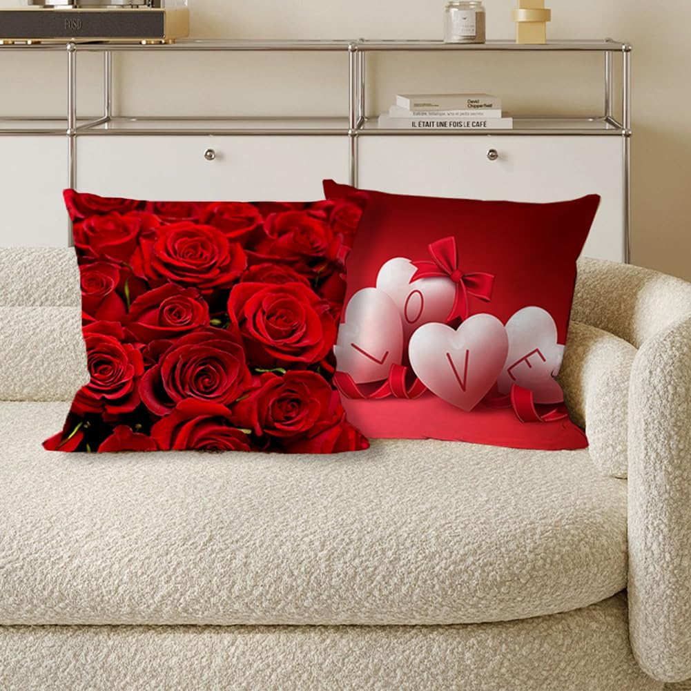 Valentines Pillow Covers 18 x 18 inch Set of 2 Double - Sided HD Love Heart Shape Valentine's Day Red Roses Pillow Covers for Sofa Couch Bed Home Outdoor Decorations - Image 2