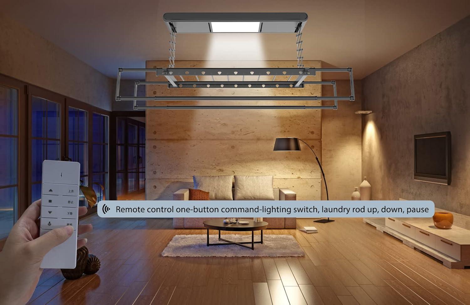 Electric Ceiling Clothes Drying Rack with Remote Control and LED Lighting, Adjustable Length 1.3m to 2.3m, 1.3m Lifting Height, Black,Black