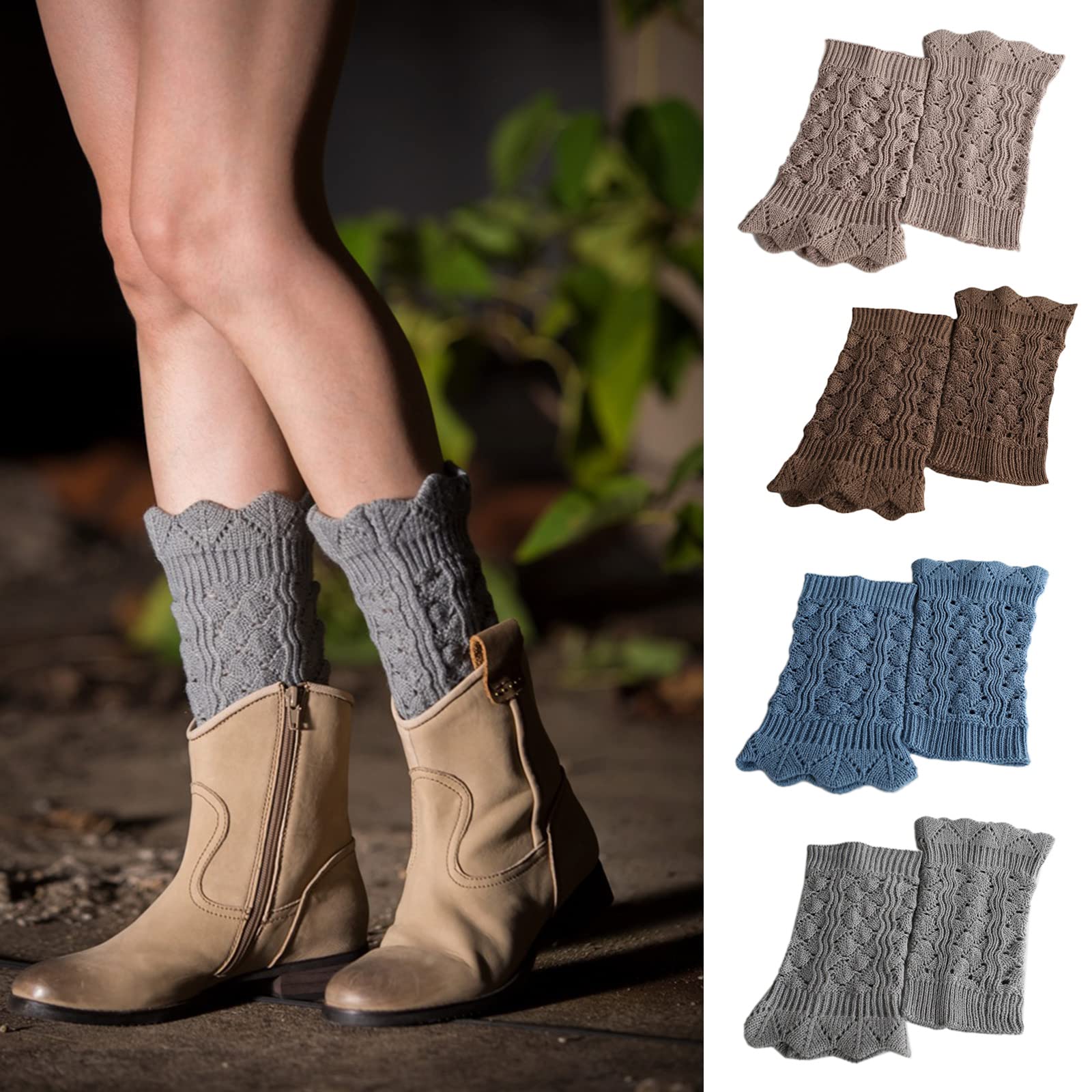 Women Winter Short Leg Warmers Hollow Out Crochet Knit Boot Cuffs