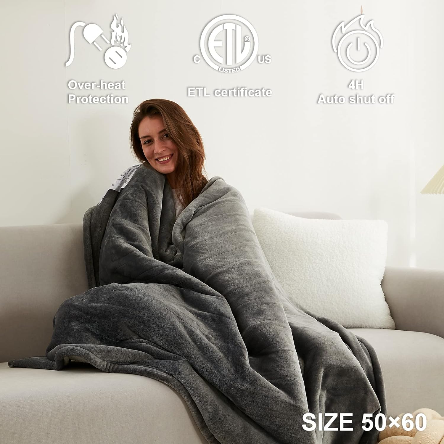 EHEYCIGA Heated Blanket Electric Blanket Throw - Heating Blanket with 5 Heating Levels & 4 Hours Auto Off, Soft Cozy Sherpa Washable Blanket with Fast Heating, 50 x 60 Inches, Grey : Home & Kitchen
