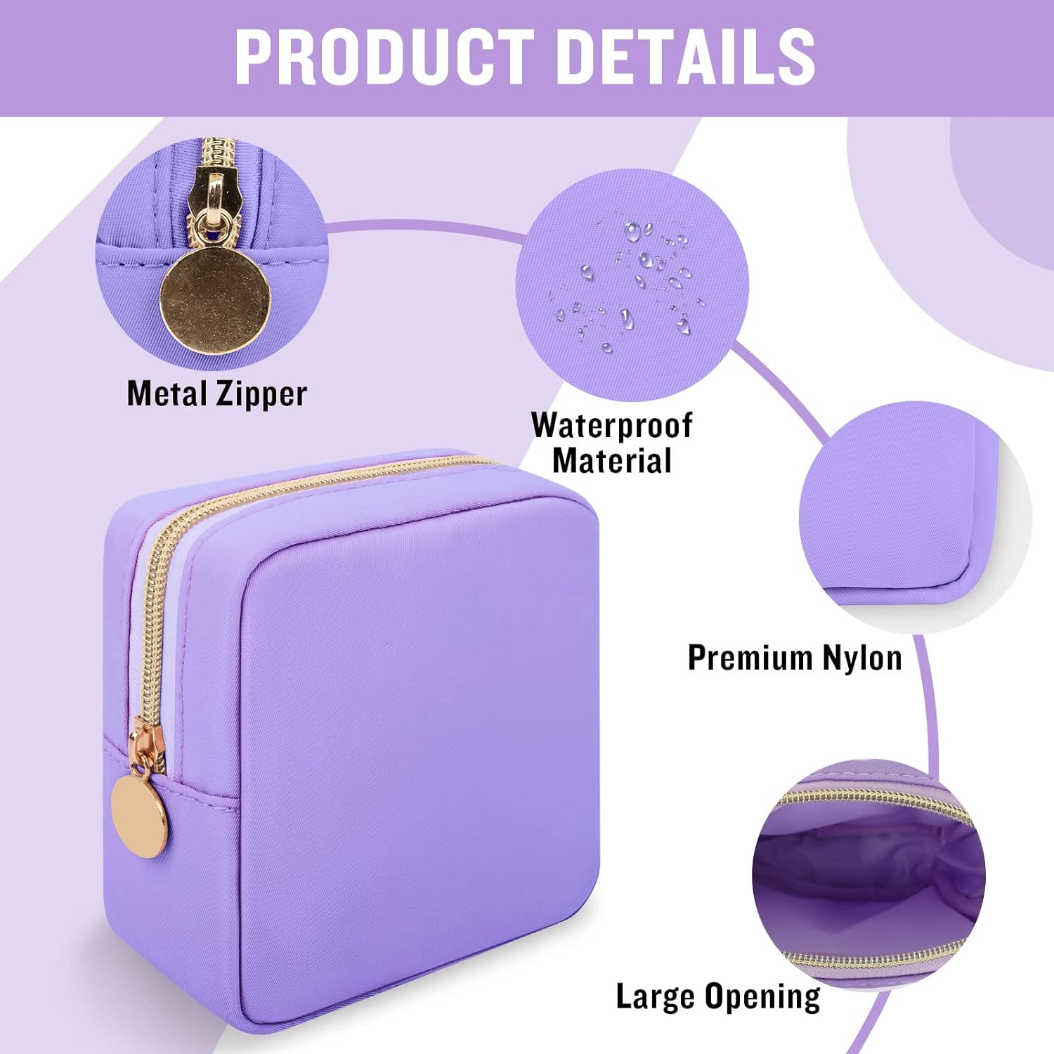 Nylon Mini Makeup Bag, Preppy Small Cosmetic Bag Compact Make up Pouch Toiletry Bag, Waterproof Zipper Purse Travel Coin Pouch Sanitary Napkin Storage Bag for Women Girls Teens(Purple) - Image 3