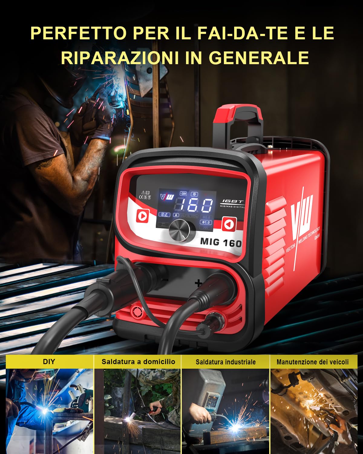 MIG160 Saldatrice a Filo Continuo Senza Gas 160A Sinergia Elettrodo Saldatrice 2 In 1 MIG/ARC, IGBT Inverter Saldatore con Filo Animato 1,0 mm e Maschera Auto-Oscurante - VECTOR WELDING
