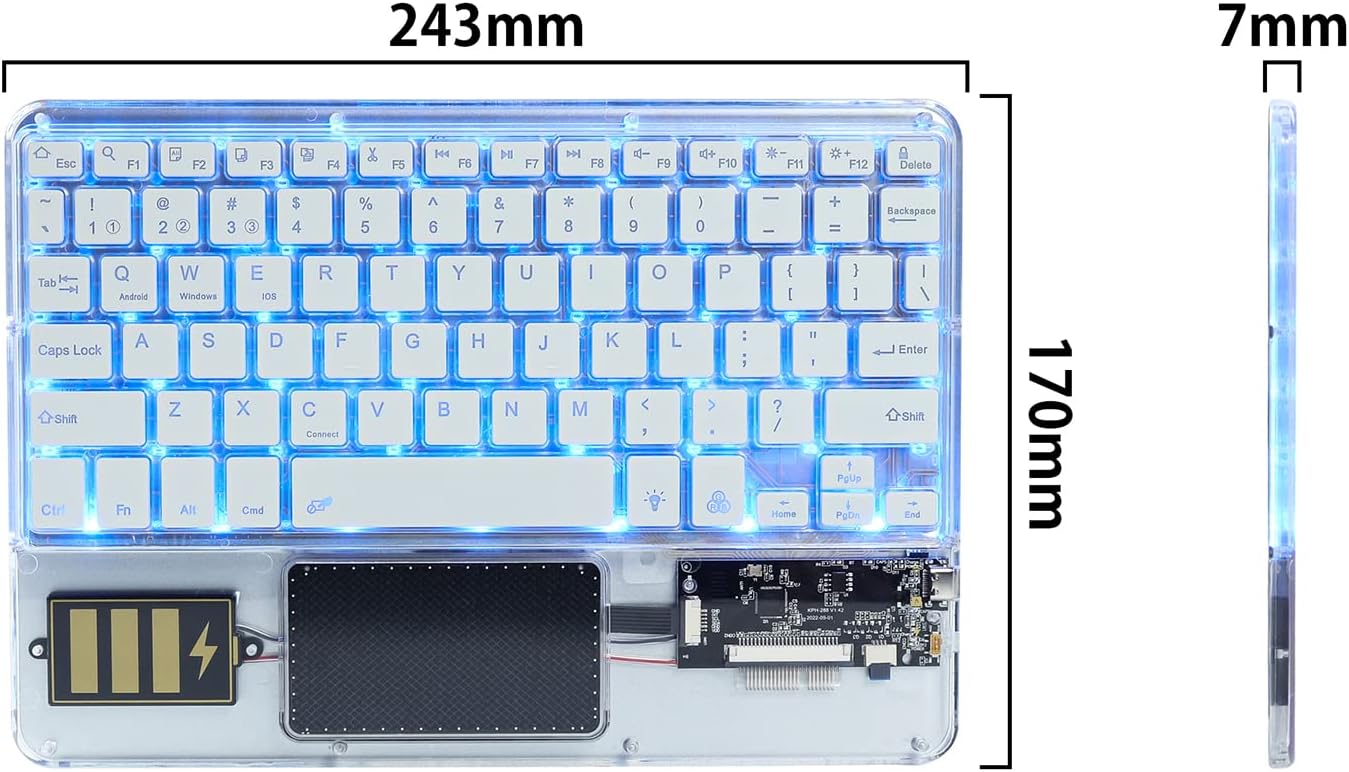 Ultra-Slim Bluetooth Keyboard 7 Colors Backlit Portable Mini Wireless Keyboard Rechargeable for Apple iPad iPhone Samsung Tablet Phone Smartphone iOS Android Windows-Transparent