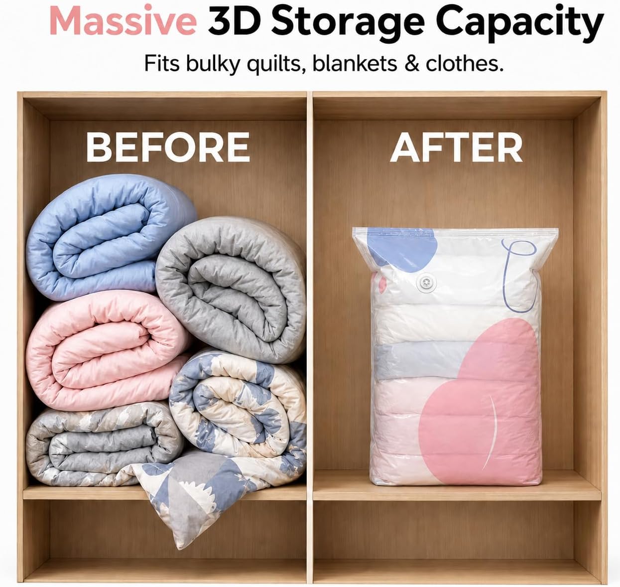 3 Pack No Pump Vacuum Storage Bags, Large 3D Cube Space Saver Bags | Press out air with no pump; roomy 3D cube bags organize clothes, comforters and blankets for closets, travel or moving.