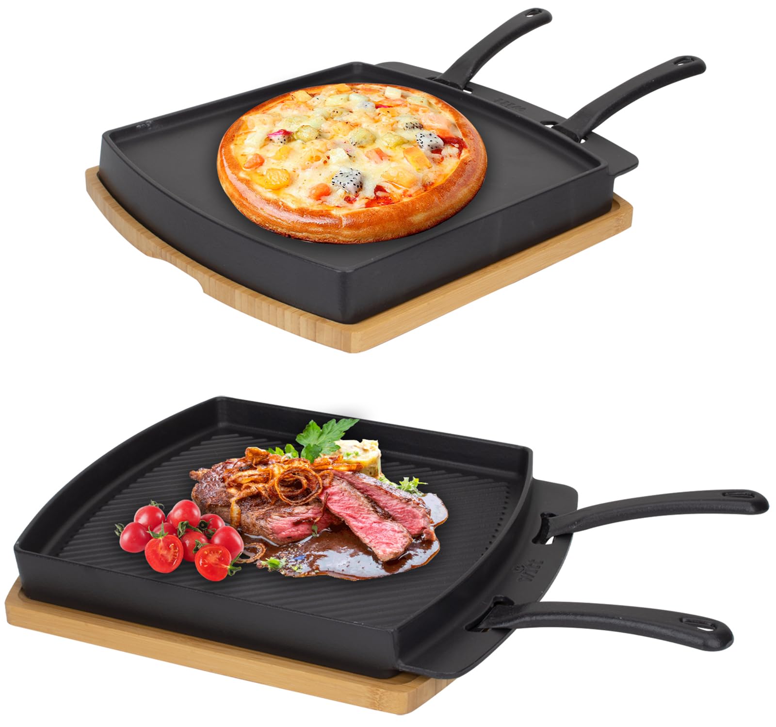 Photo 1 of Cast Iron Reversible Sizzling Plate with Wooden Base for Pizza Oven and BBQ Accessories, Cast Iron Skillet Pan for Outdoor, Grill Steak Plates Pizza Pan with Removable Handle Griddle Pan for Stove Top