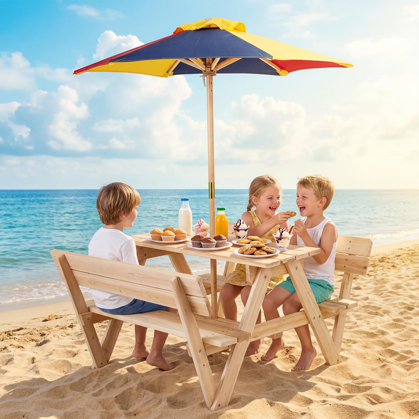 COSTWAY Kindersitzgruppe Outdoor mit Sonnenschirm, Picknicktisch Kinder mit Tisch & 2 Sitzbänken, Kindersitzgarnitur Garten für 4 Kinder, Sitzgruppe aus Tannenholz für Jungen & Mädchen ab 3 Jahren