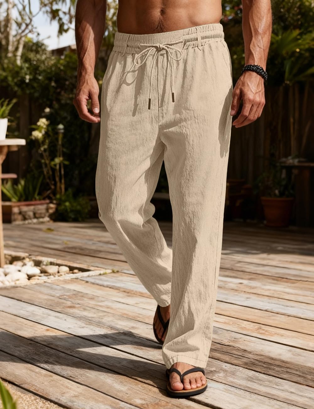 Men's Casual Linen Pants Elastic Waist Drawstring Summer Beach Lightweight Trouser with Pockets