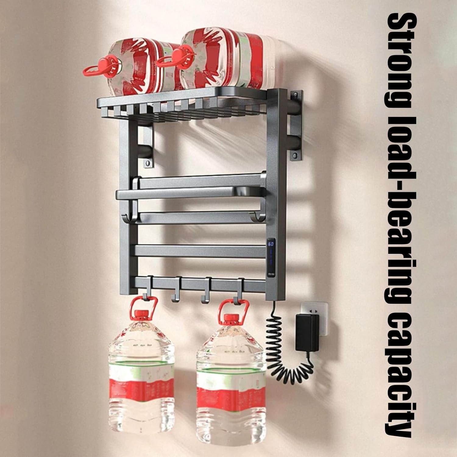 Gray Aluminum Heated Towel Rack with Constant Temperature Wall-Mounted Towel Dryer for Bathroom Left Line Design Plug-in with Top Shelf - Luxury Home Essentials