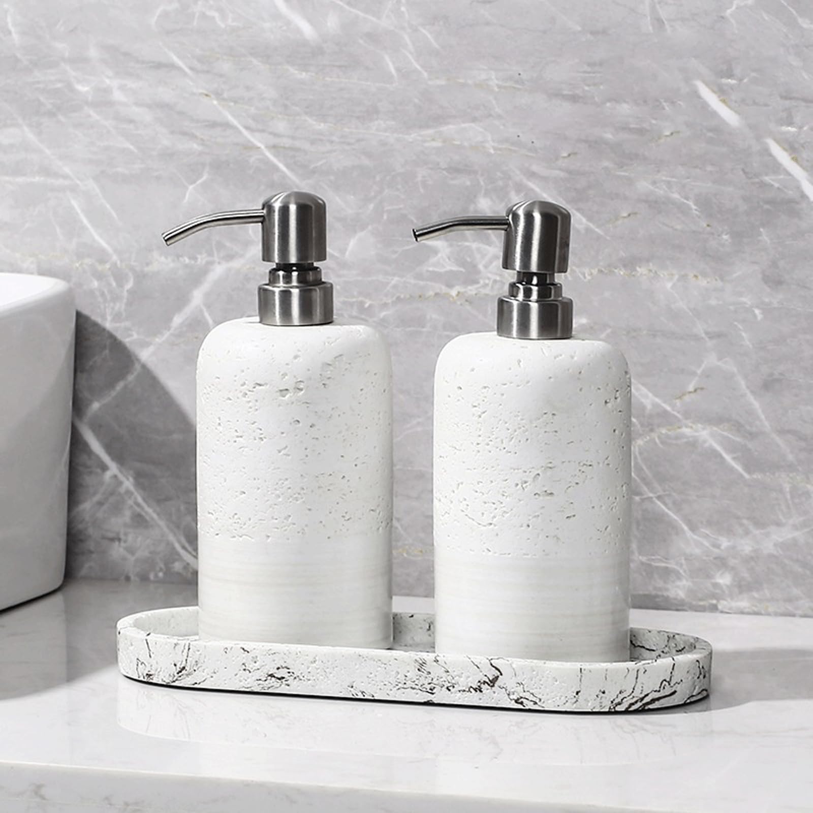 Rustikaler Steinschaum-Seifenspender mit silberfarbener Pumpe, nachfüllbar, handschäumende Seifenpumpe für Bad und Küche, Arbeitsplatte, stilvolle Shampoo-Flasche für Heimdekoration