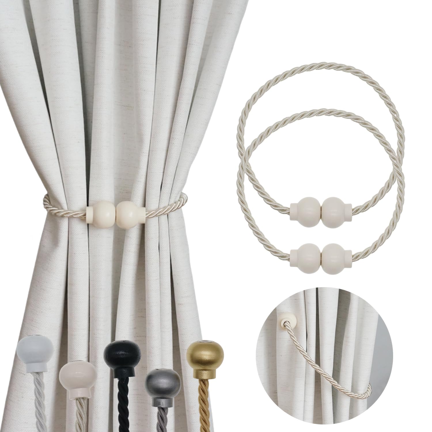 2 Pack Magnetic Curtain Tiebacks Modern Handmade Rope Curtain Tie Backs Decorative Drapes Weave Holdbacks for Home Outdoor Bedroom Office Decorative Curtain, Beige