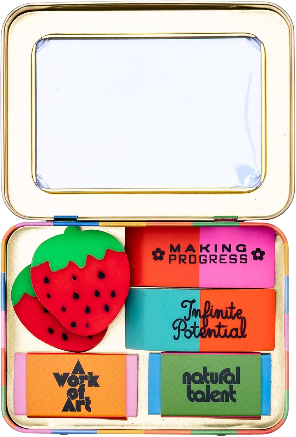 ban.do Novelty Eraser Set with Vintage Design, Cute Erasers for Work/Teacher/Office, 6 Pieces in Metal Tin Case, 4.5 x 3.3 inches, Infinite Potential