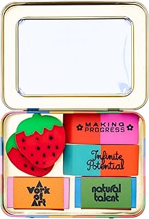 ban.do Novelty Eraser Set with Vintage Design, Cute Erasers for Work/Teacher/Office, 6 Pieces in Metal Tin Case, 4.5 x 3.3 inches, Infinite Potential