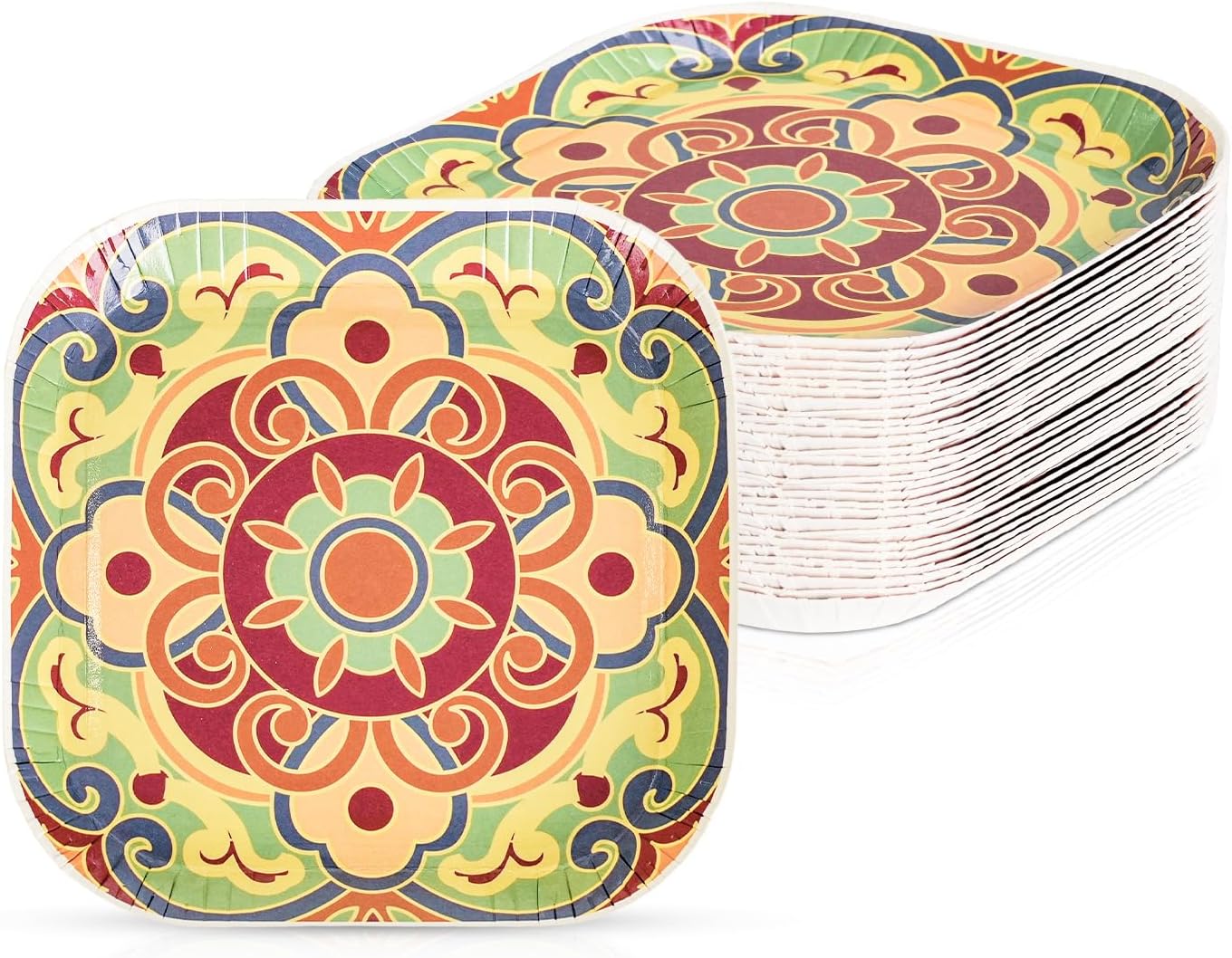 30 Pcs Small Paper Plates, 5 Inch Disposable Dessert Plates, Mini Square Paper Plates Microwave-Safe, Soak-Proof and Printed for Birthday Party and Everyday Meals (Red Retro Floral)
