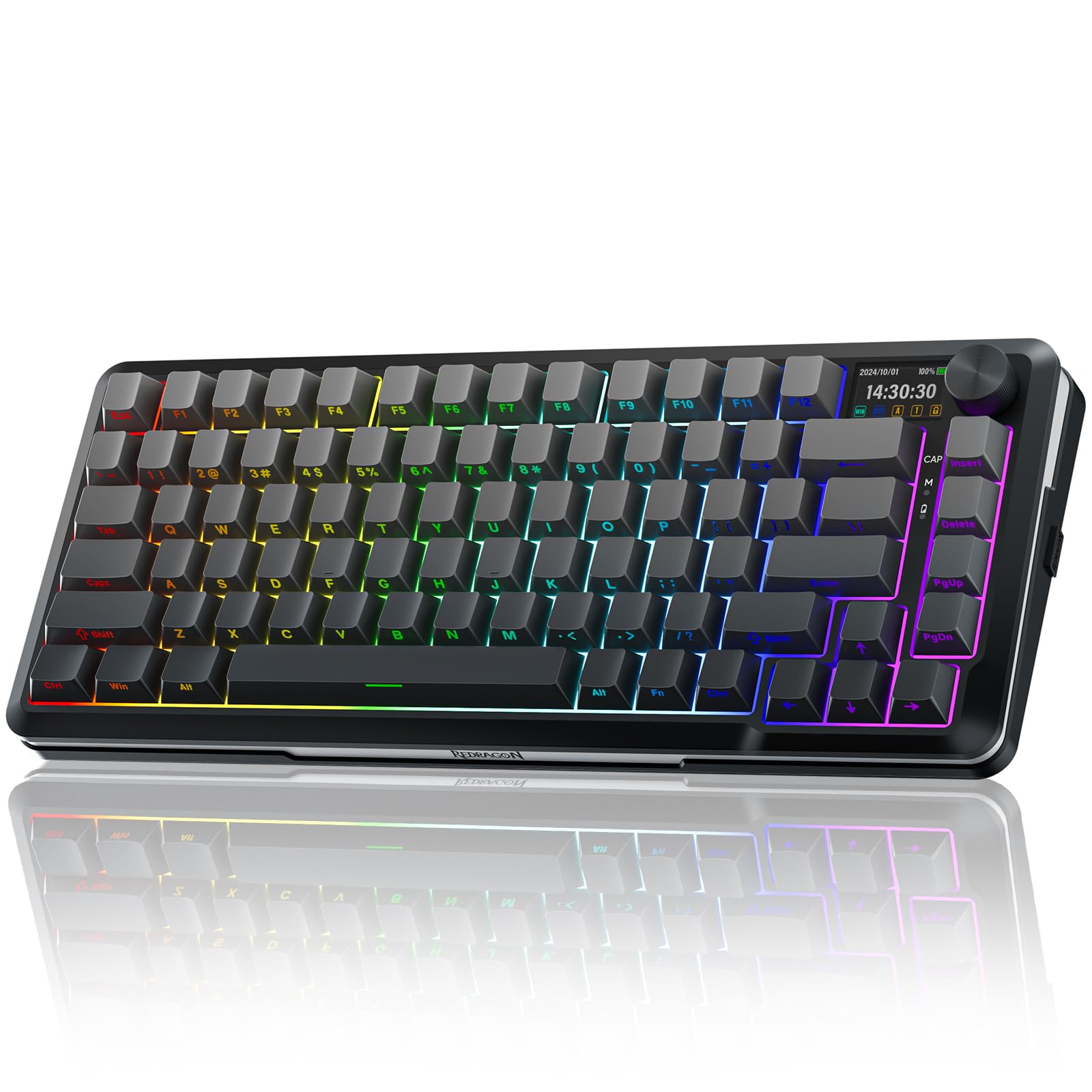 Redragon K708GG-Pro Wireless Mechanical Keyboard, 81 Custom Keys, Side Printed PBT Keycaps, Gasket RGB Gaming Keyboard with Screen & Knob,3-Modes Wireless Keyboard